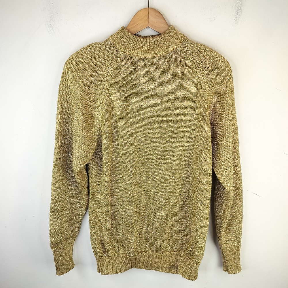 Liz Claiborne Vintage Gold Metallic Knit Sweater Medium Women's Mock Neck Party